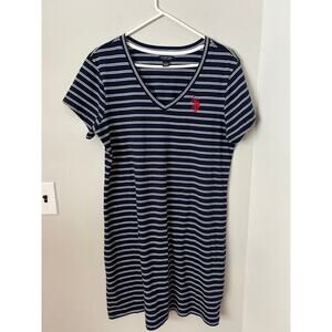 U.S Polo Assn. Navy V neck Stripe Y2K Rugby Short Sleeve Dress L 100% Cotton